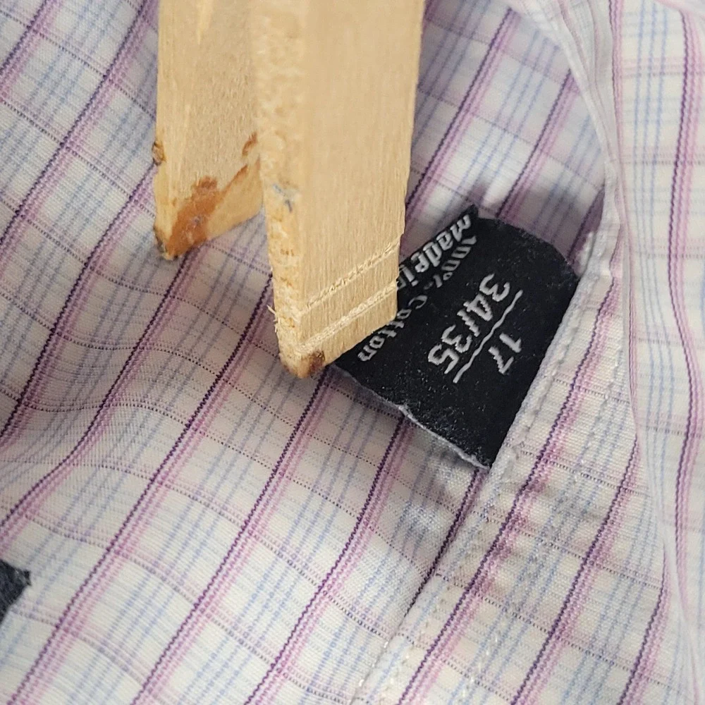 David Donahue Dress Shirt Men 17 34/35 Purple Blue Check Trim Fit Cotton